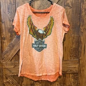 Harley Davidson Eagle Graphic Tee Shirt Women's Medium Orange Cotton V-Neck